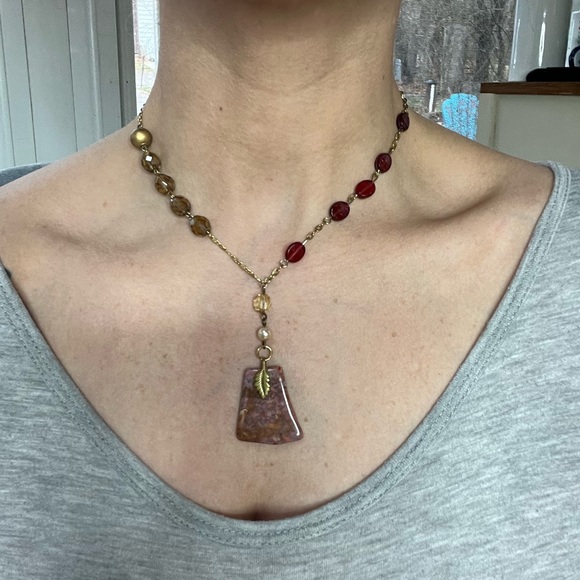 Handmade vintage and new pieces mixed up-cycled necklace with real stone pendant - Picture 3 of 13